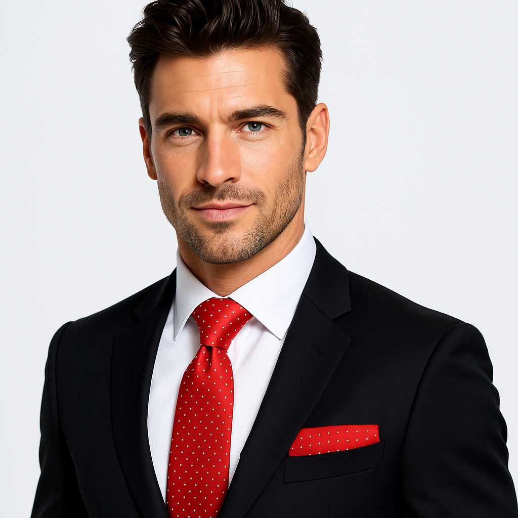 Man Wearing a Black Suit with Red, White Polk Tie and Square