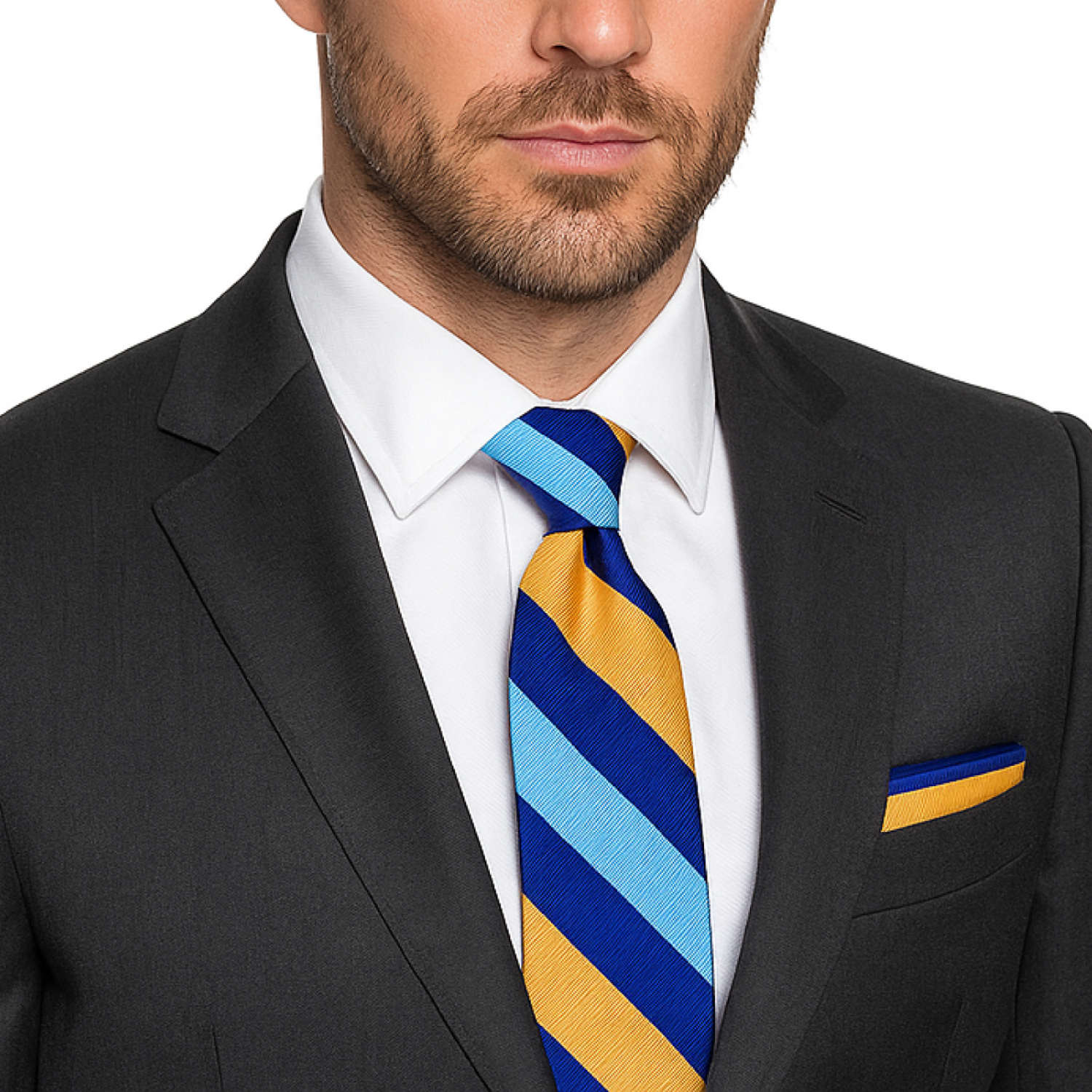 Man wearing grey suit with yellow and blue block stripe tie and square
