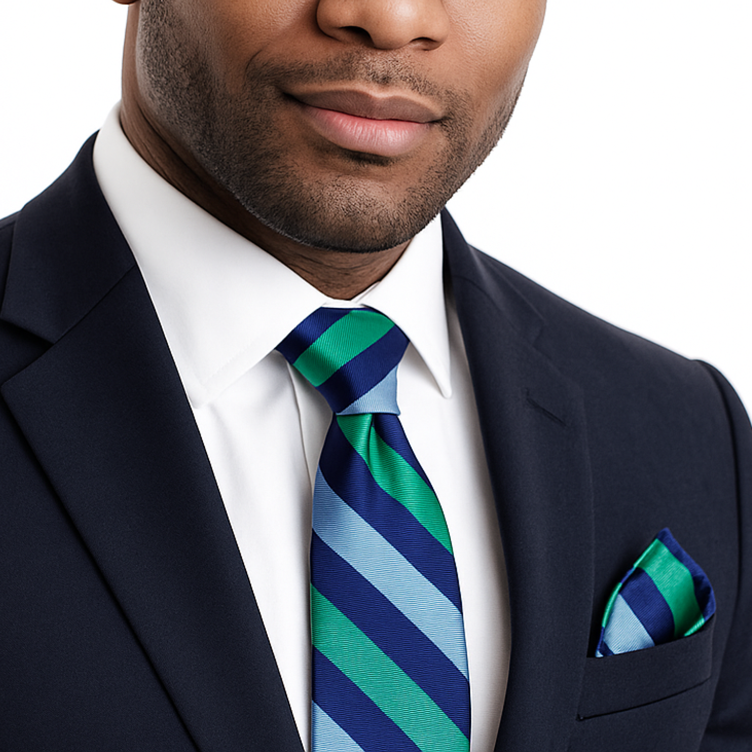 Man wearing A Blue, Light Blue, Green Stripe Pattern Necktie, Matching Pocket Square
