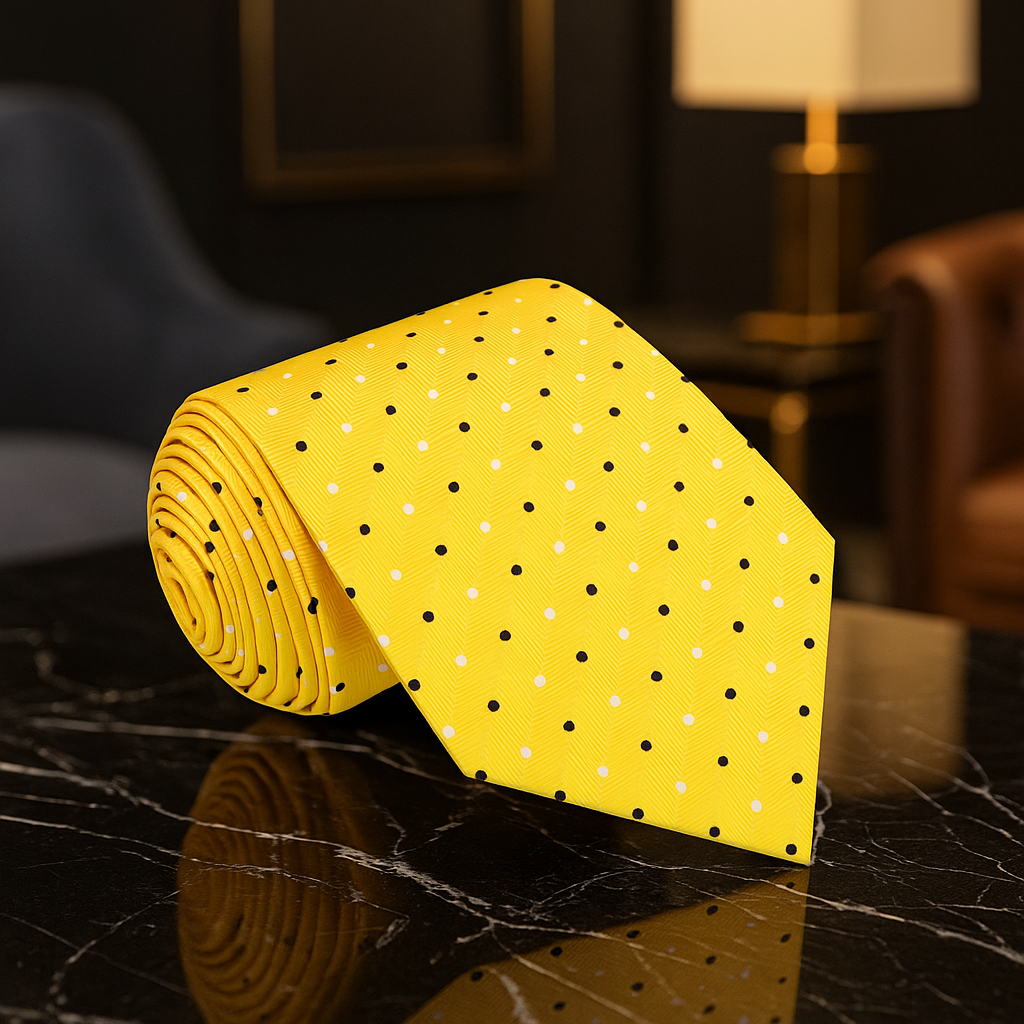 A Yellow, White, Black Polka Dot Pattern Necktie
