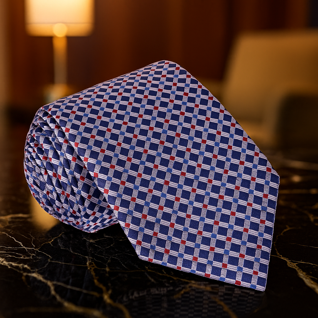 A Red, Blue, Grey Small Geometric Check Pattern Necktie