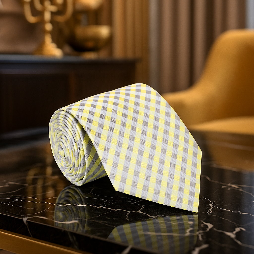 Rolled yellow and grey checkered tie on a reflective surface with a blurred background
