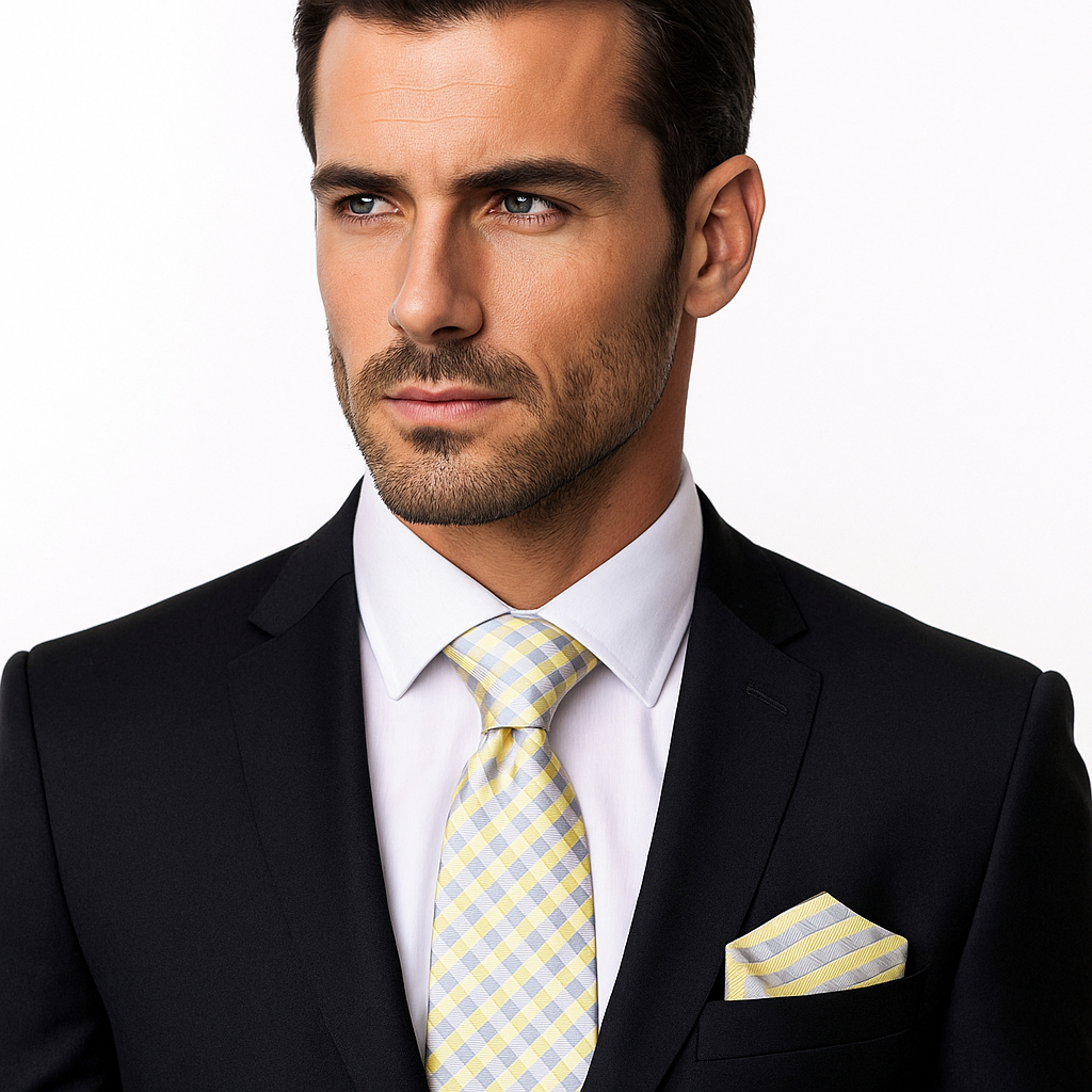 Man wearing Yellow, Grey Geometric Tie and Pocket Square
