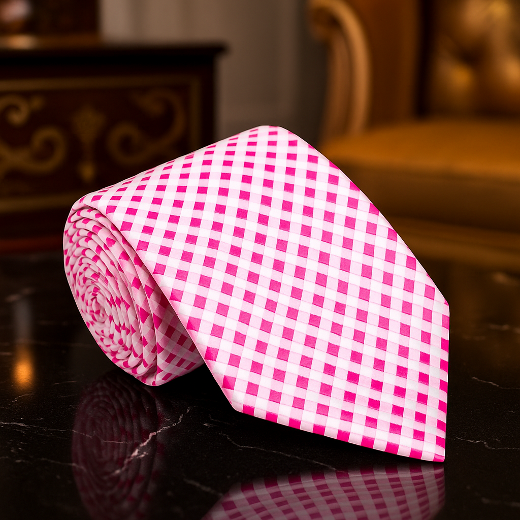 A Pink, Light Pink Small Geometric Check Pattern Necktie 