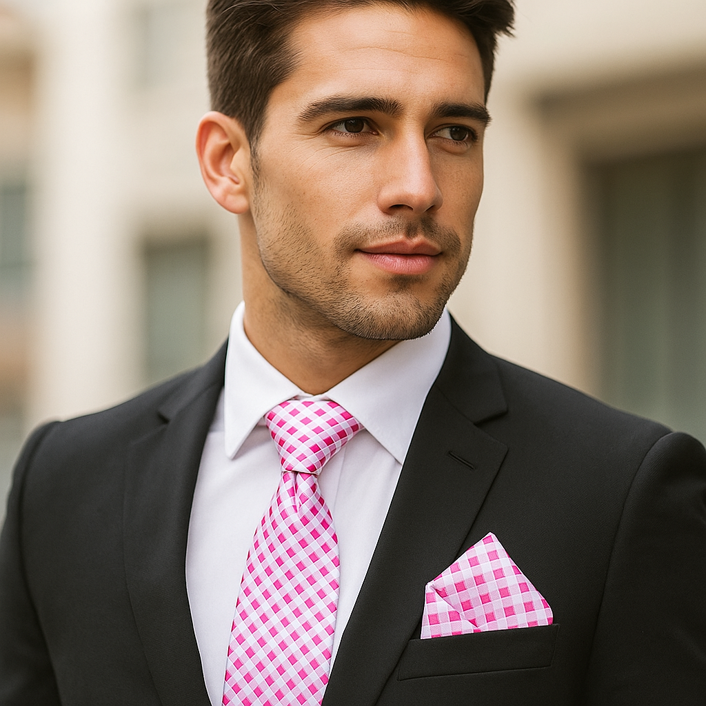 Man wearing a black suit with a pink checkered tie and pocket square.