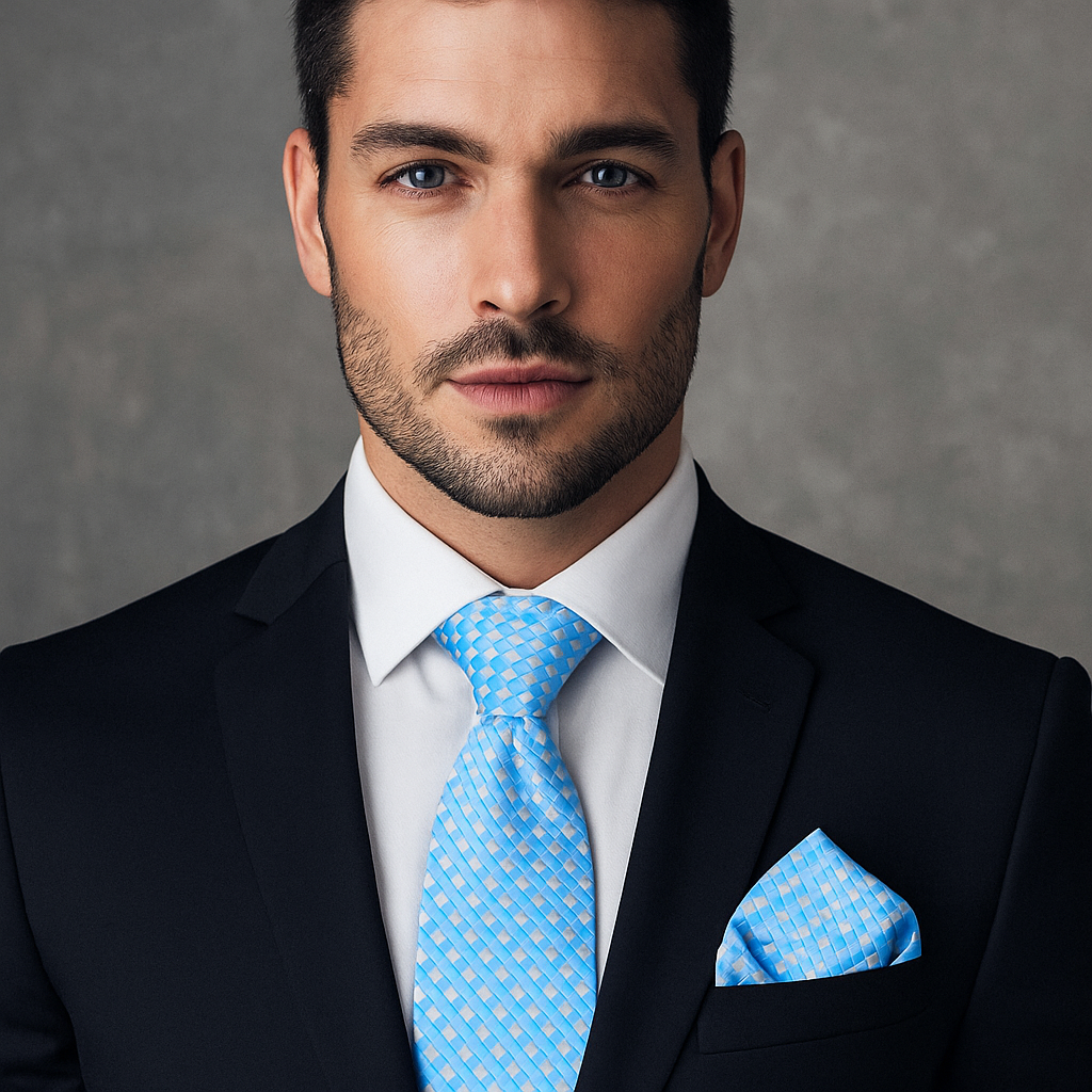Man wearing a black suit with a blue tie and pocket square against a gray background