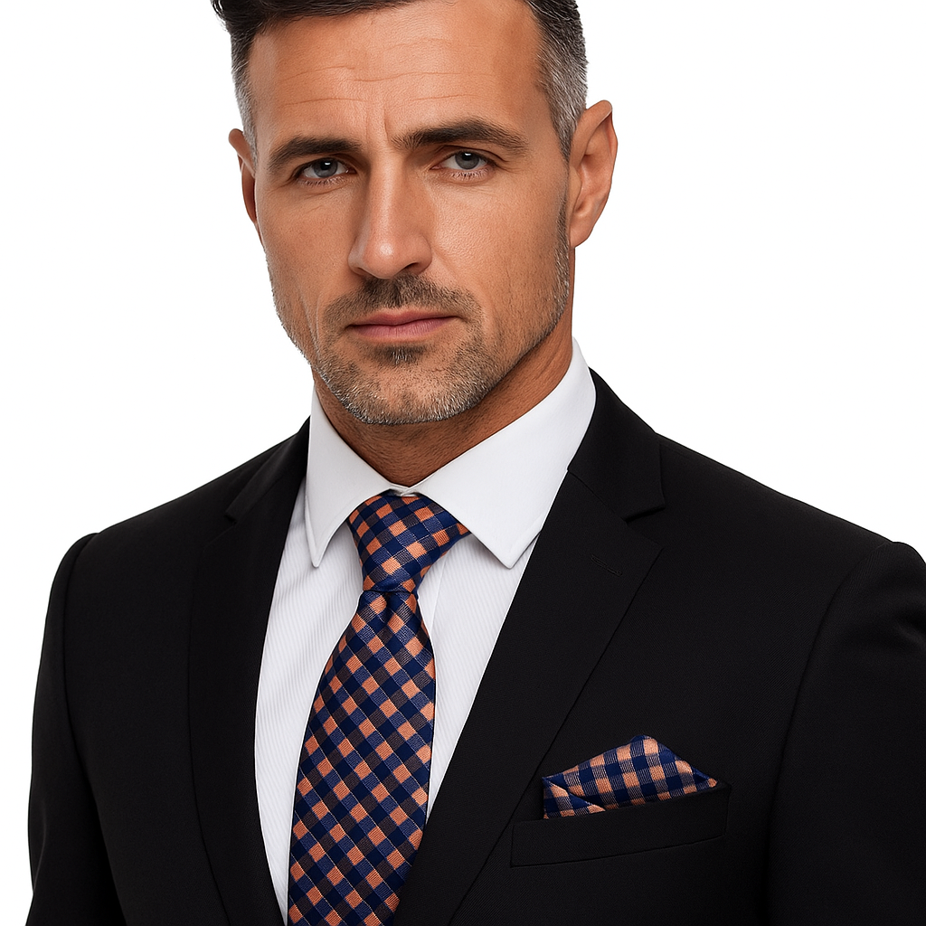 Man wearing a black suit with a blue and orange checkered tie and pocket square on a white background