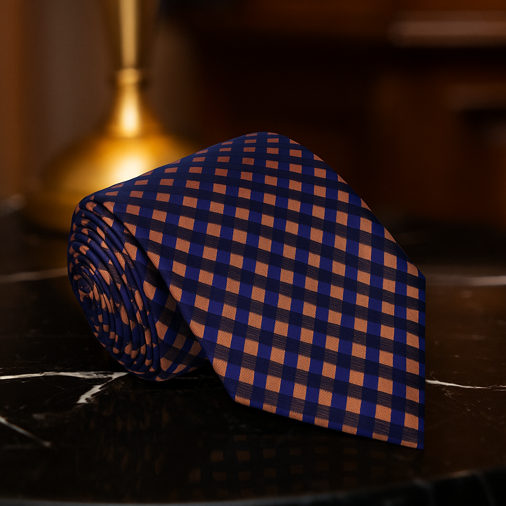 Blue and orange checkered tie on a dark surface with a blurred background
