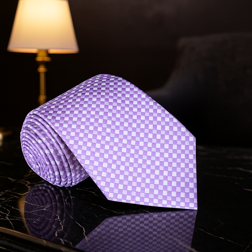 Purple checkered tie on a reflective surface with a blurred background