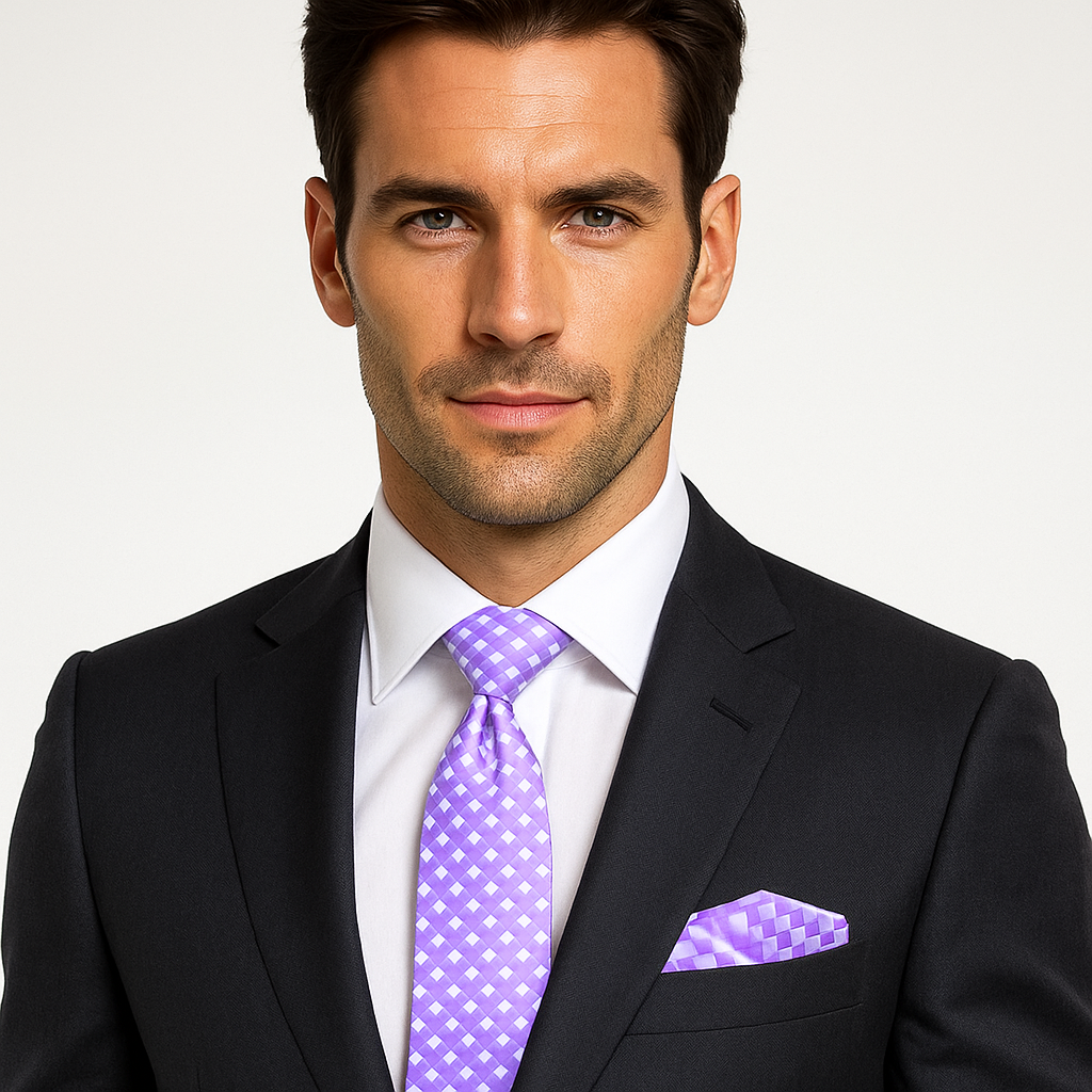 Man wearing a black suit with a purple tie and pocket square on a light gray background