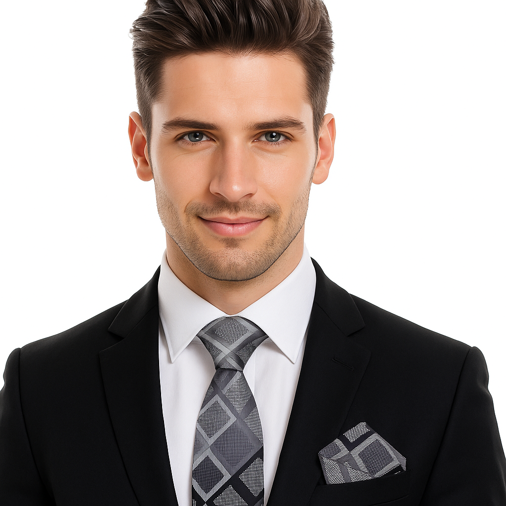 Man wearing a black suit with a gray patterned tie and pocket square on a white background