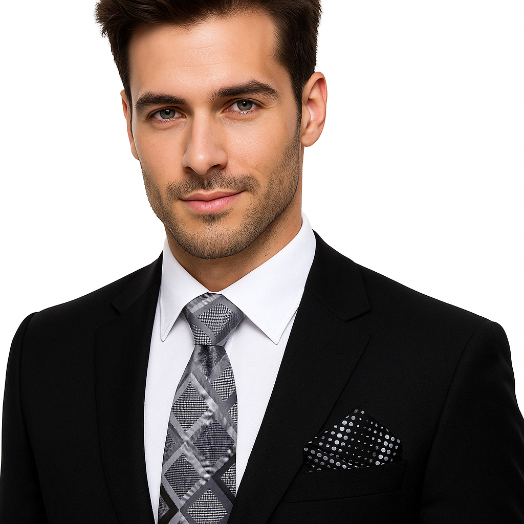 Man wearing a black suit with a gray tie and pocket square on a white background