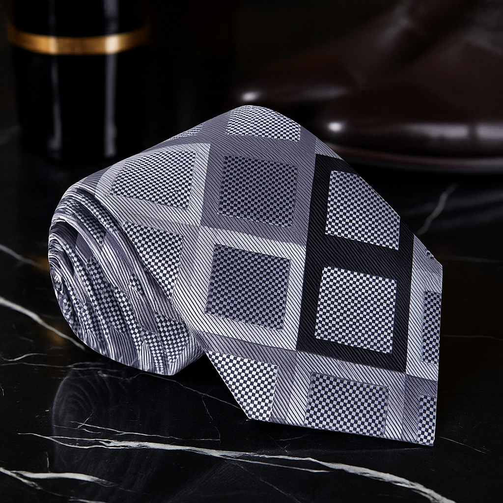 Patterned silver and black diamonds tie on a dark background