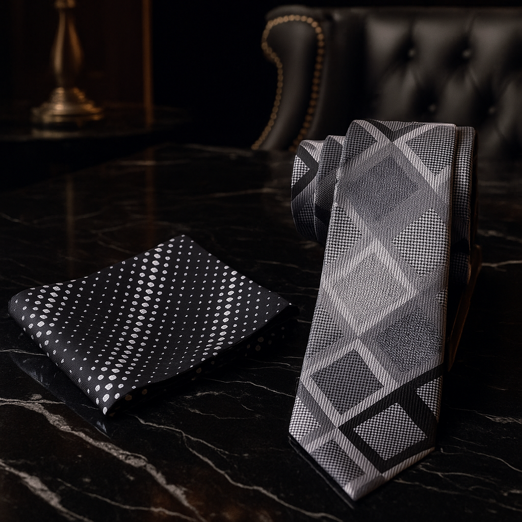 Alt View: Grey Black Geometric King Tut Diamonds Tie and Black Silver Dots Square 