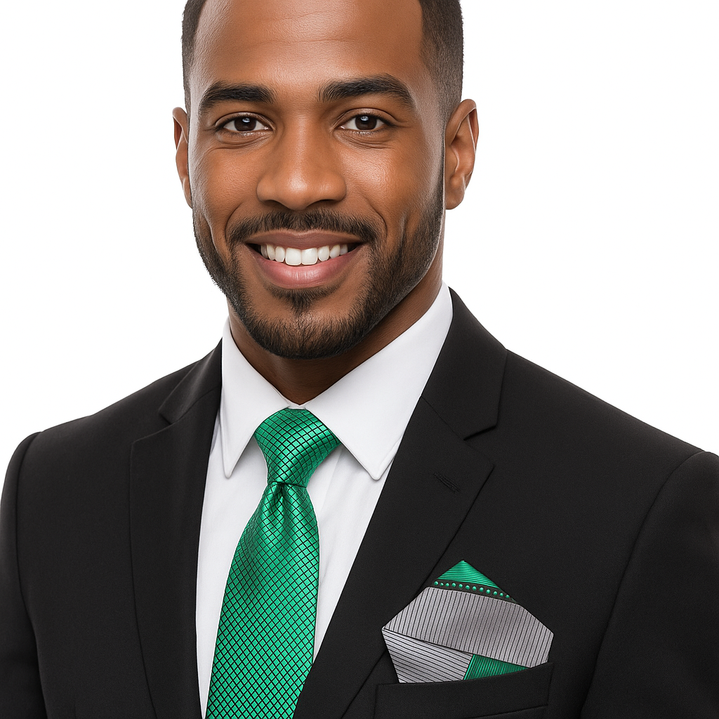Man wearing a black suit with a green tie and pocket square on a white background