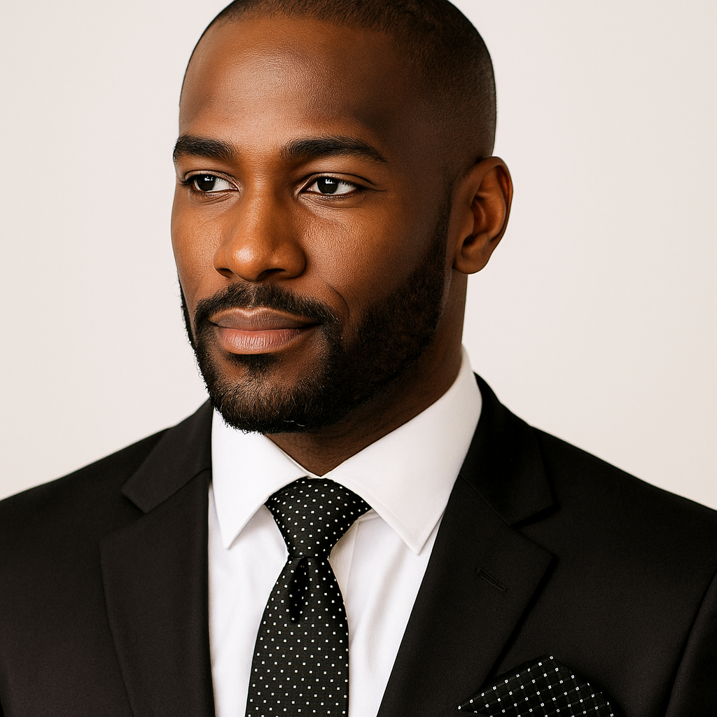 Man wearing a black suit with a white shirt and polka dot tie on a light background