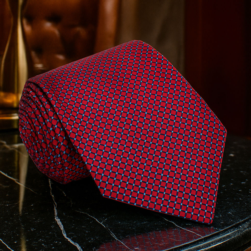 Red patterned tie on a dark surface with a blurred background