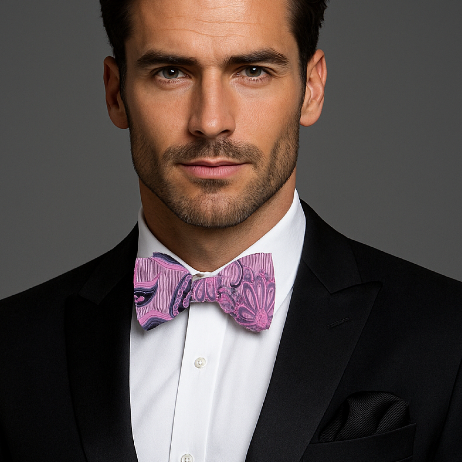 Man wearing a black suit with a white shirt and pink bow tie against a gray background