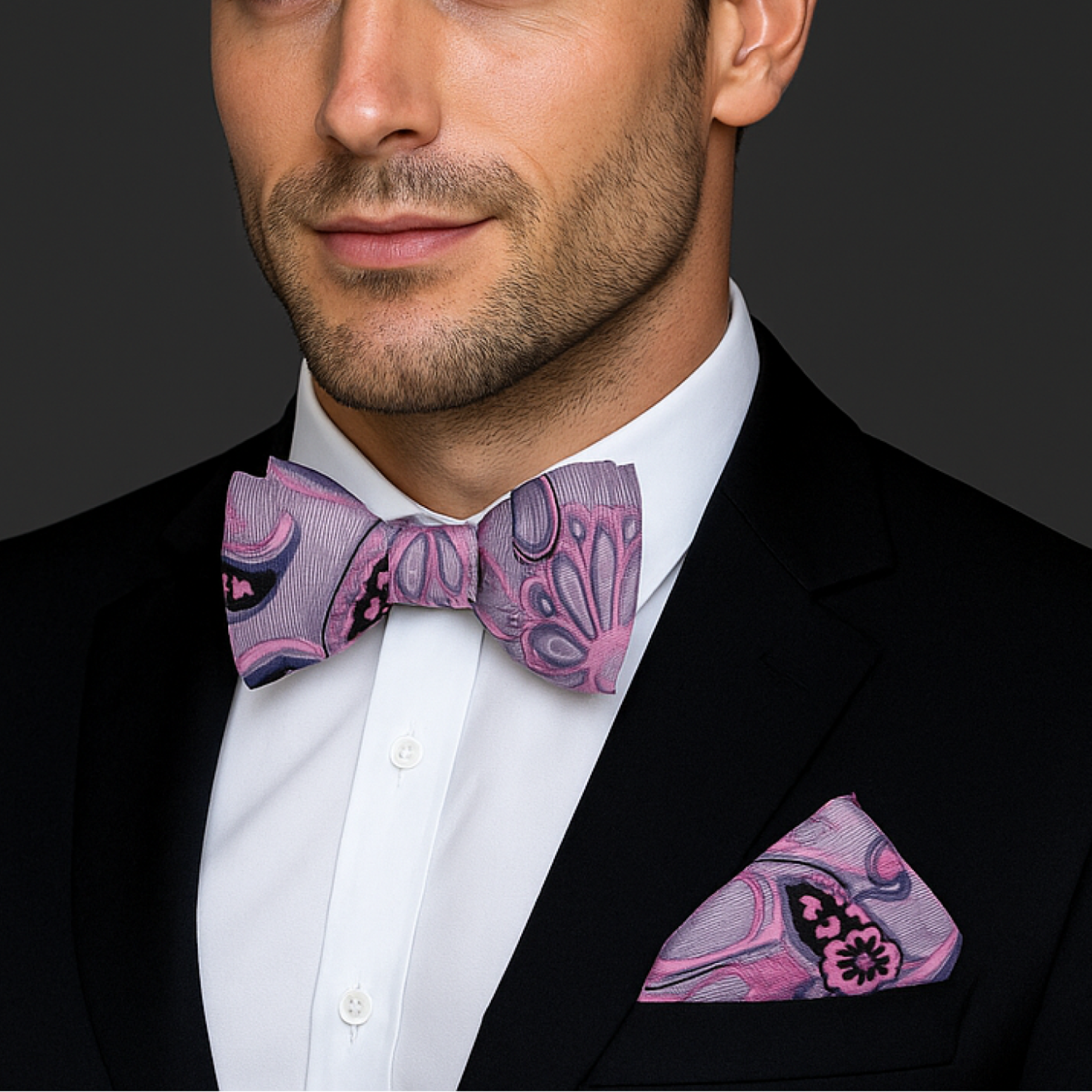 strapless open back dress Light Pink & Black Paisley Bow Tie
