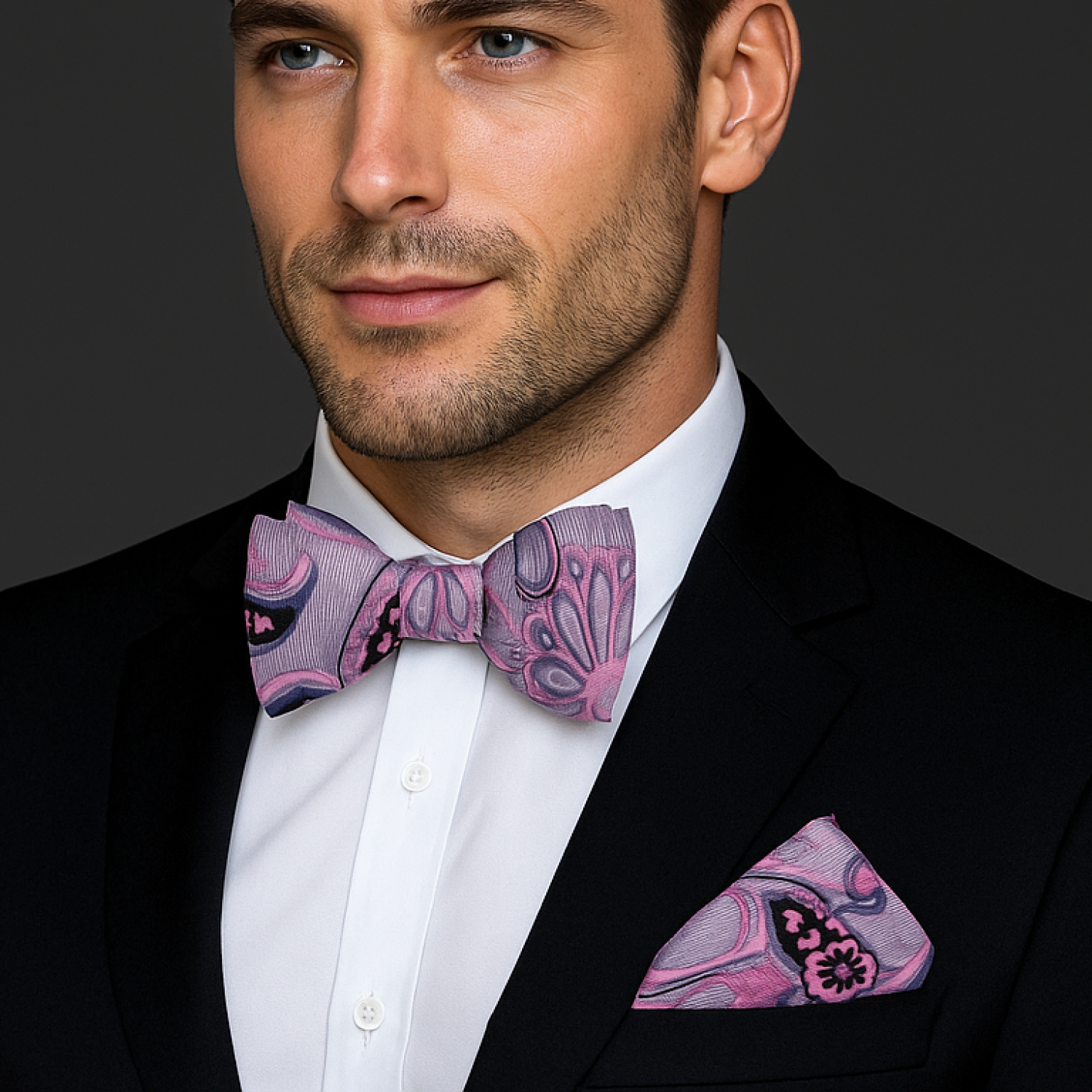 Man wearing a black suit with a pink paisley bow tie and pocket square against a dark background