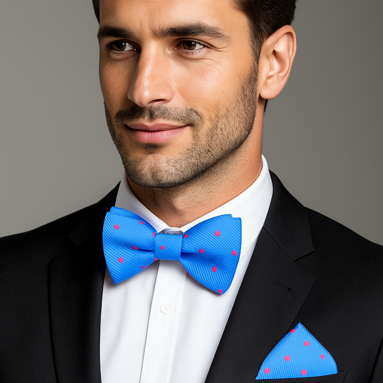 Man wearing a black suit with a light blue bow tie and matching pocket square on a gray background