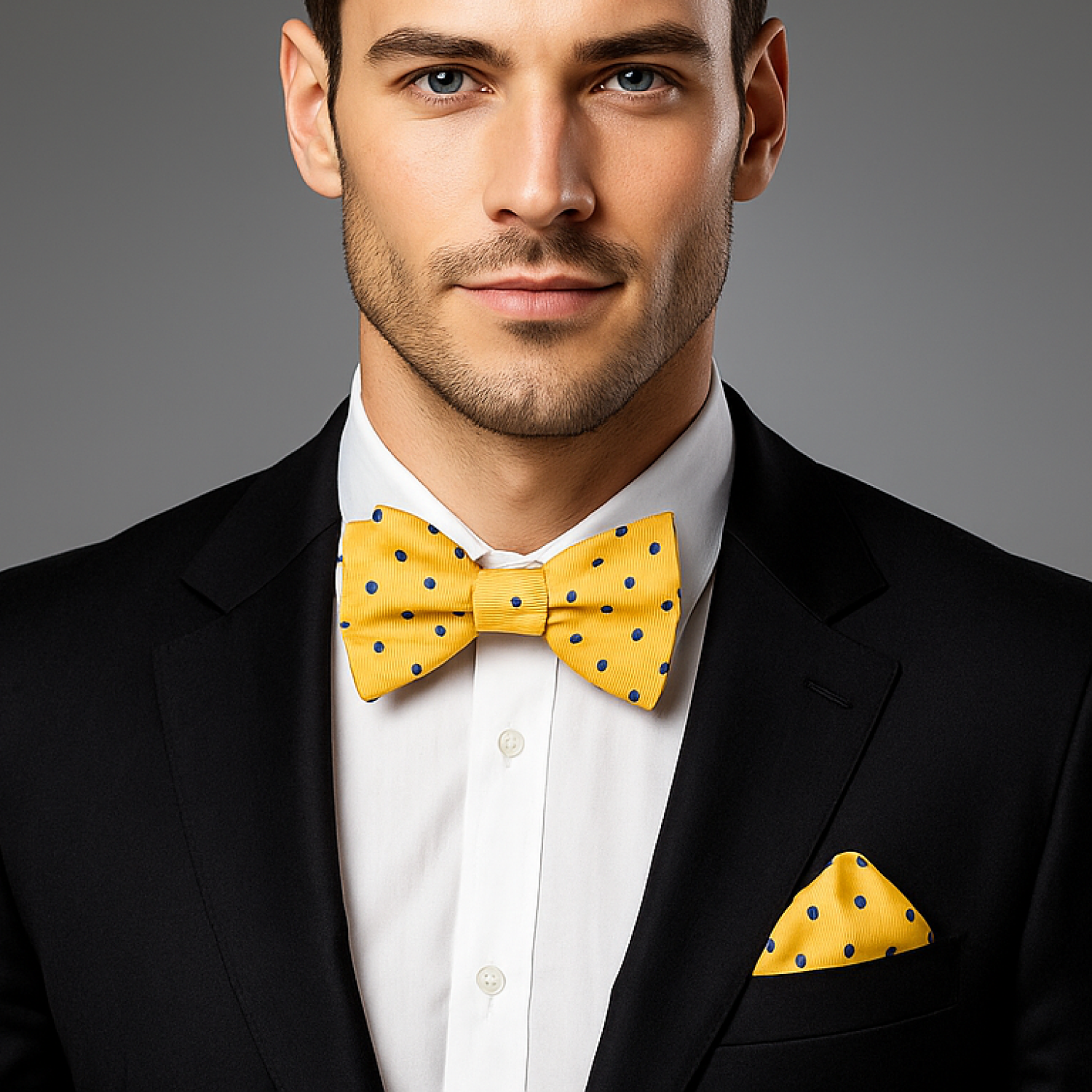 Man wearing a black suit with a yellow and blue polka bow tie and pocket square on a gray background