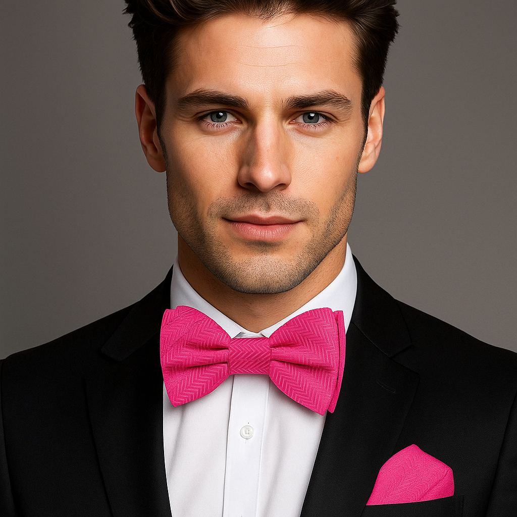 Man wearing a black suit with a pink bow tie and pocket square on a gray background