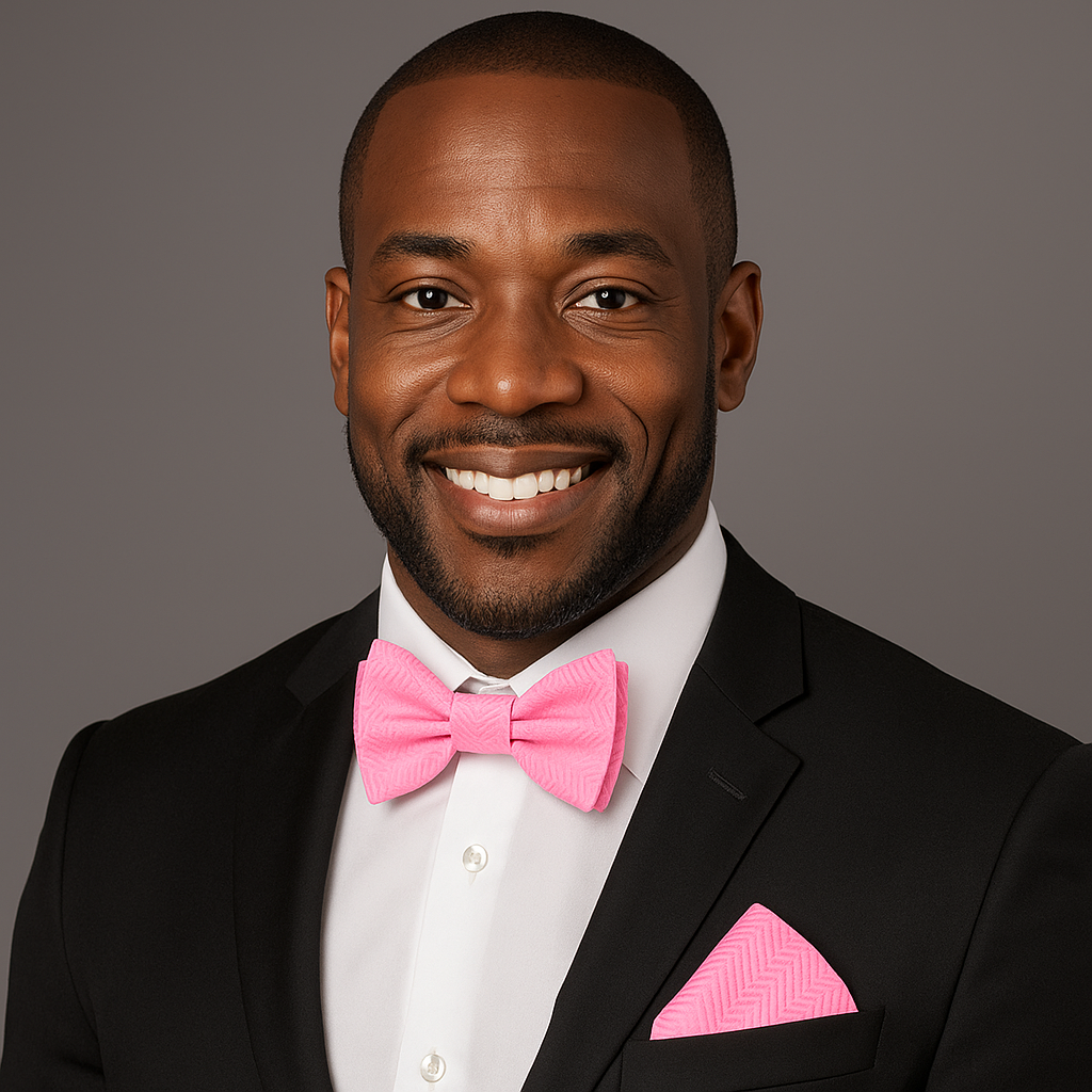 Man wearing a black suit with a pink bow tie and pocket square on a gray background