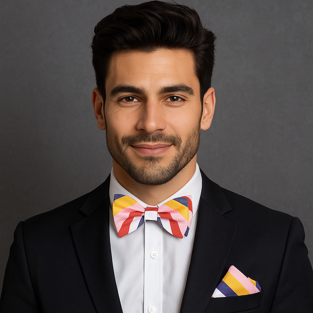 Man wearing a black suit with a colorful yellow, red and pink with grey stripe bow tie and pocket square on a gray background