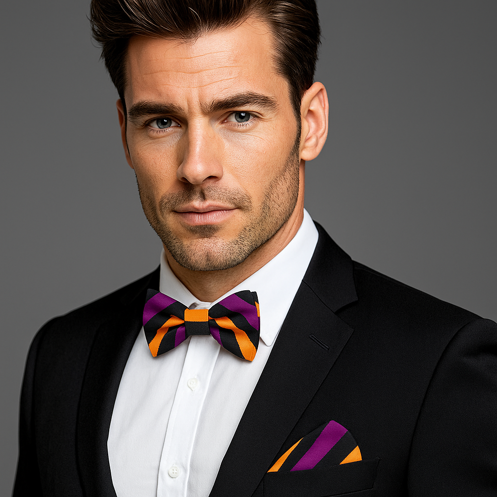 Man wearing a black suit with a colorful purple, yellow gold and black stripe bow tie and pocket square on a gray background