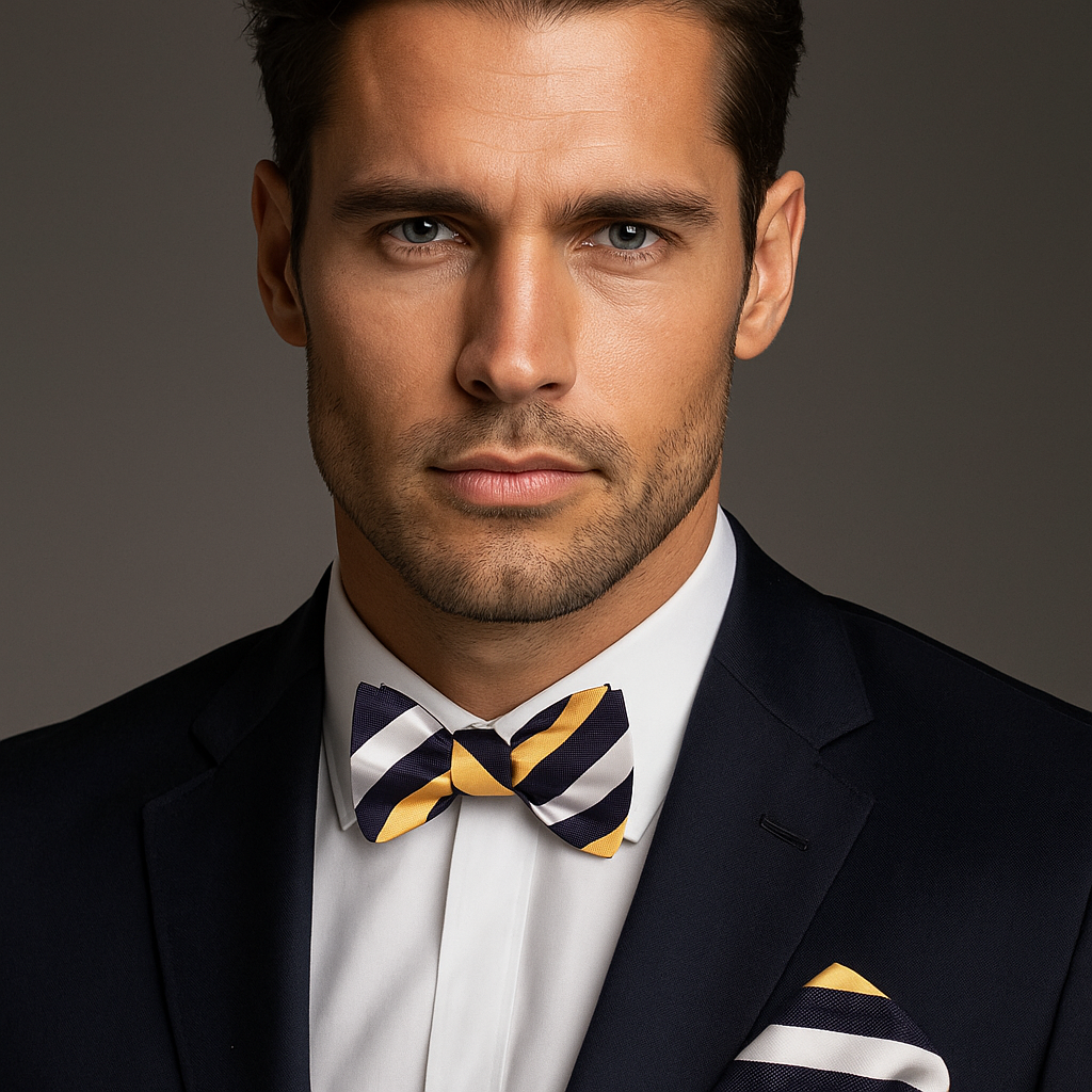 Man wearing a black suit with a colorful blue, white and yellow stripe bow tie against a gray background