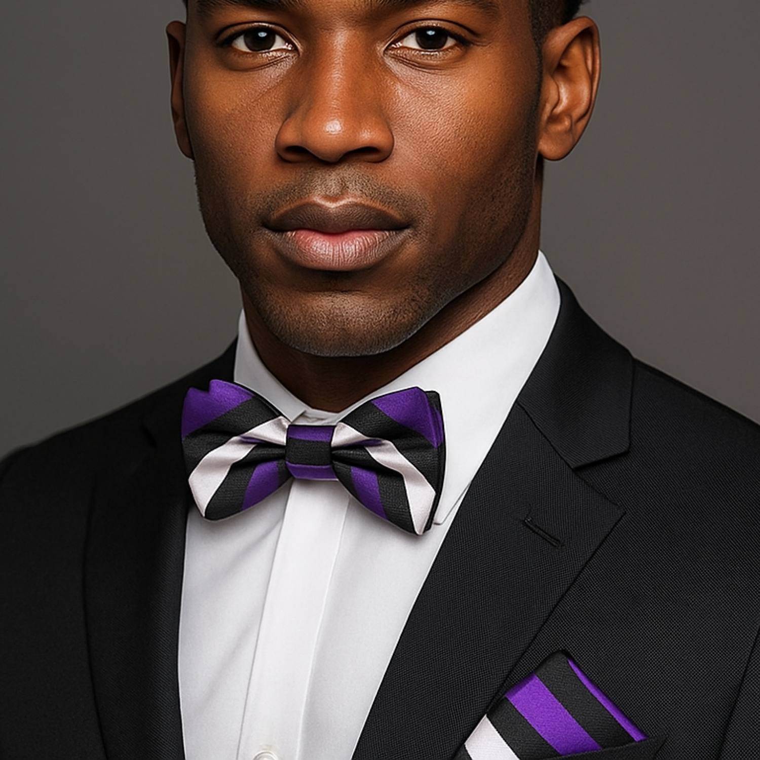Man wearing a black suit with a purple and black striped bow tie against a gray background