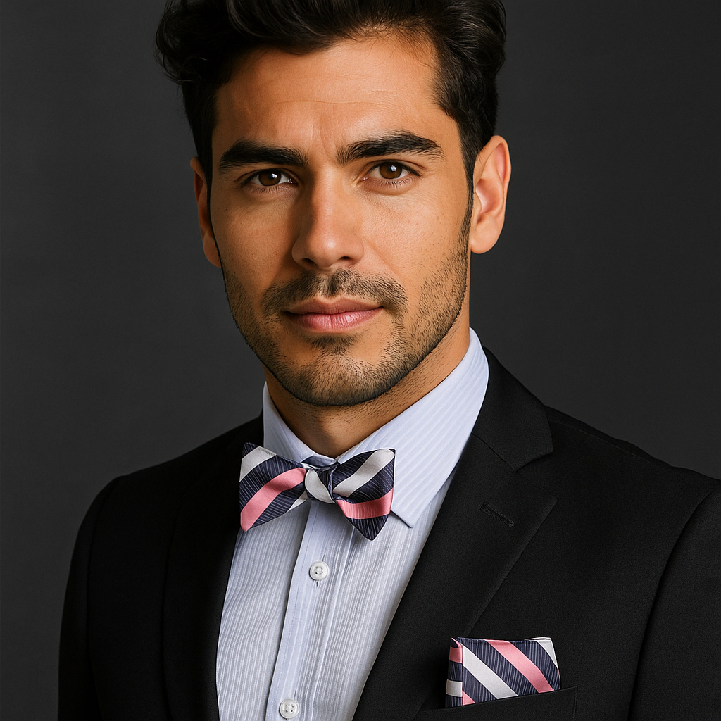 Man wearing a suit with a pink, grey and white striped bow tie and pocket square against a dark background