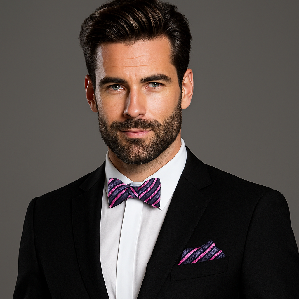 Man wearing a black suit with a grey and pink stripe bow tie and pocket square on a gray background