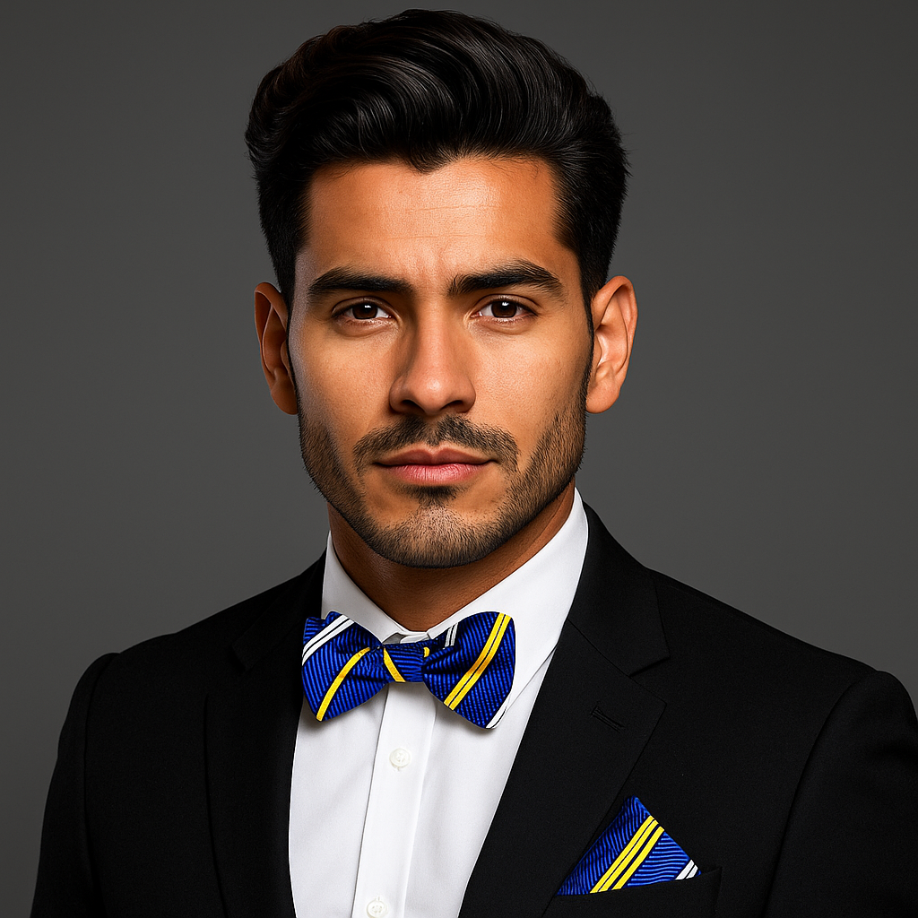 Man wearing a black suit with a blue, yellow and white stripe bow tie and pocket square on a gray background