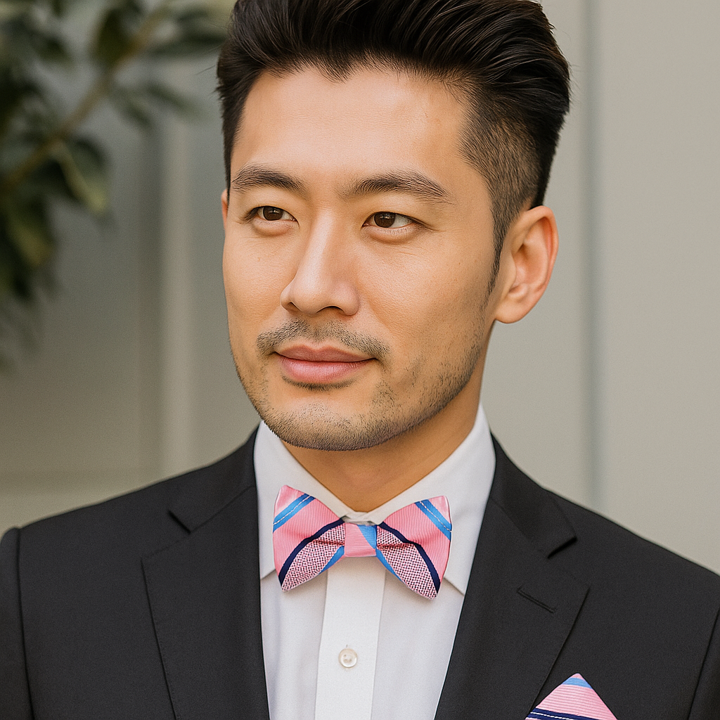 Man wearing a black suit with a pink and blue stripe bow tie and pocket square.