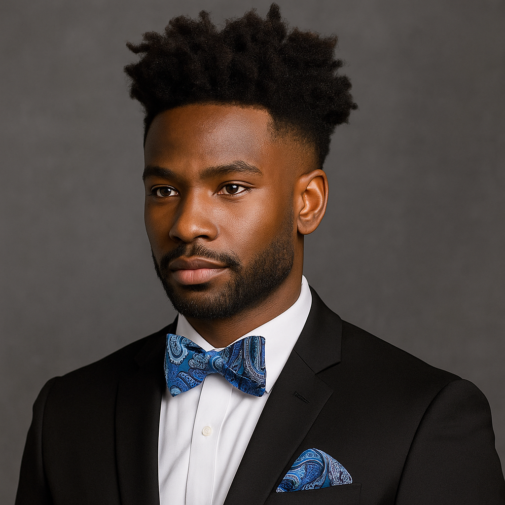 Man wearing a black suit with a blue paisley patterned bow tie and pocket square against a gray background