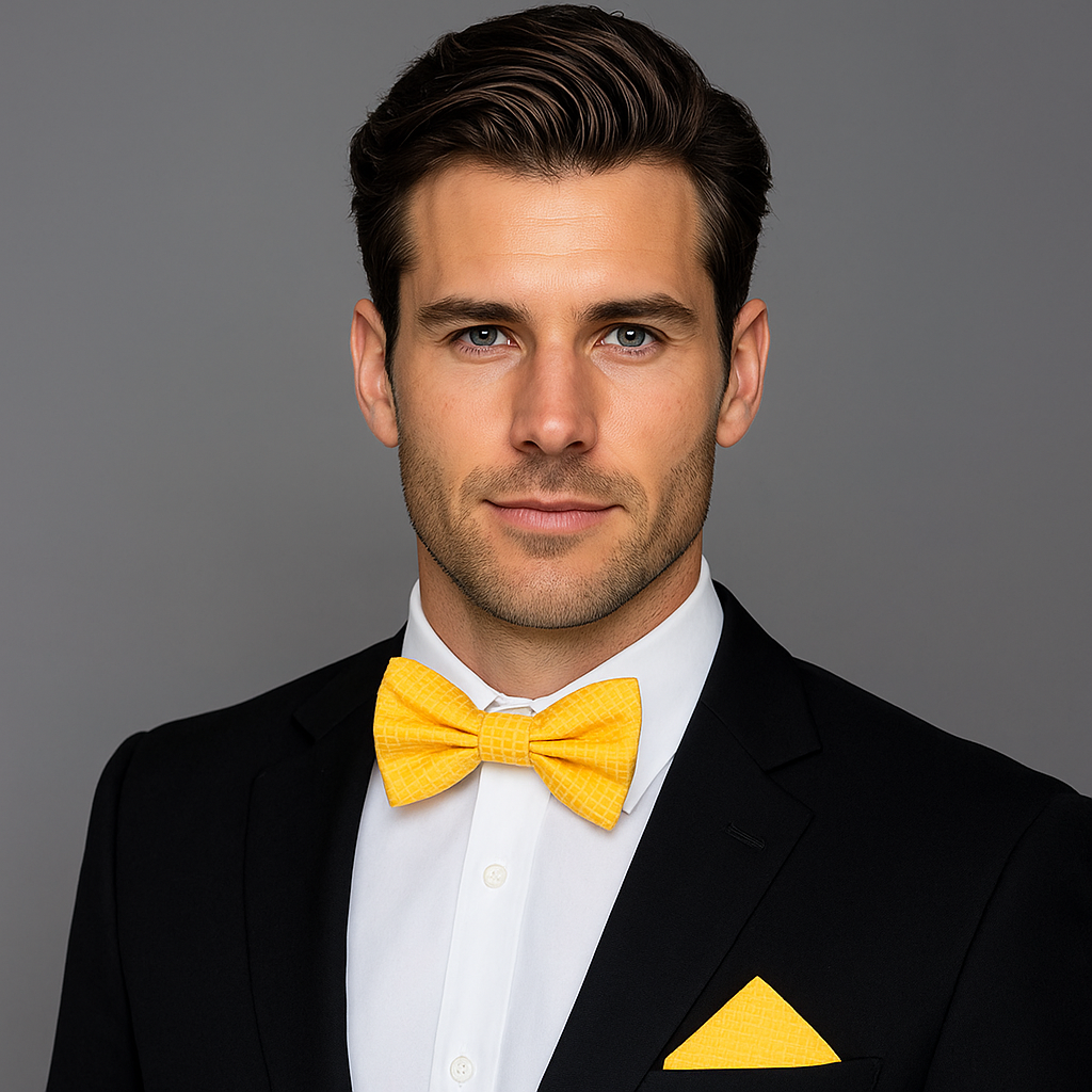 Yellow Bow Tie and Matching Square on man wearing black suit