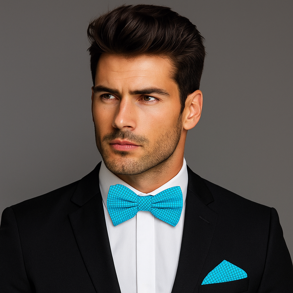 Man wearing a black suit with a blue bow tie and pocket square on a gray background