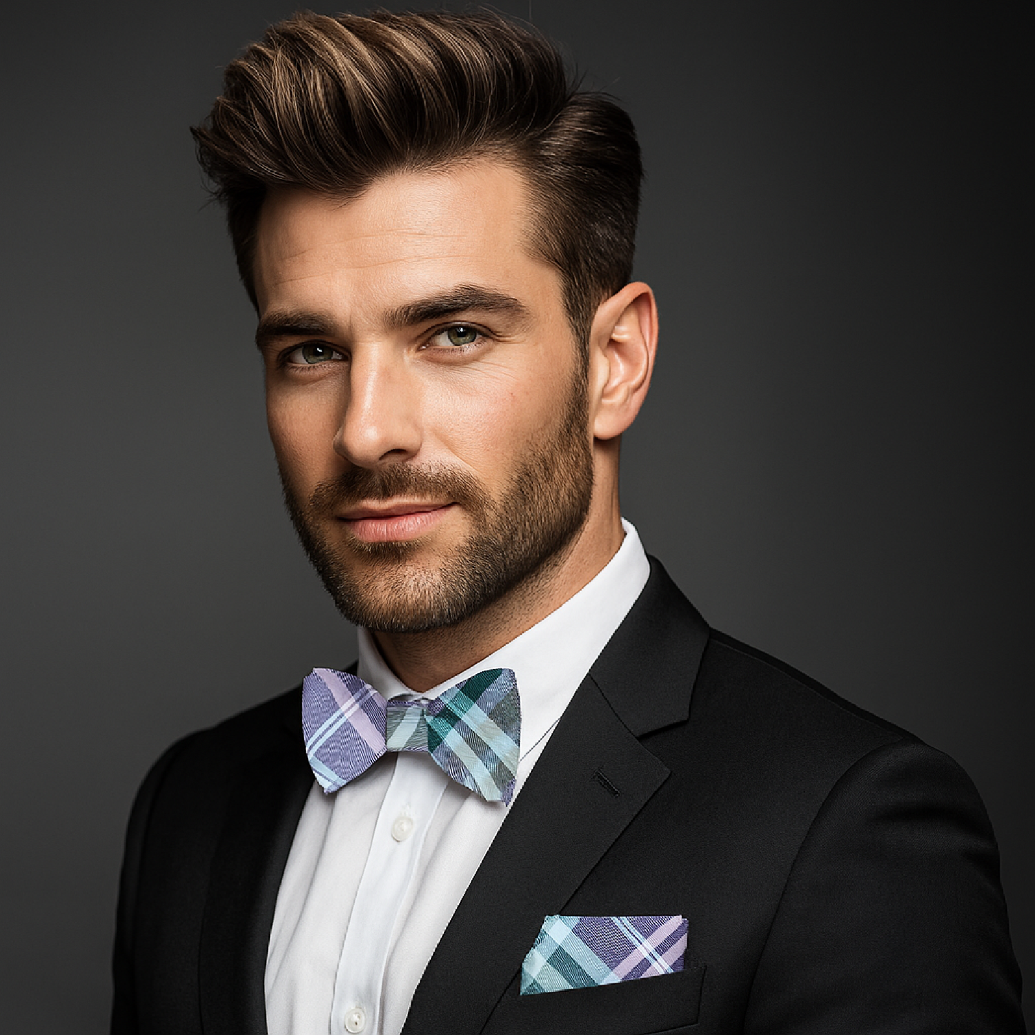 Man wearing a black suit with a grey and green plaid bow tie and pocket square on a dark background