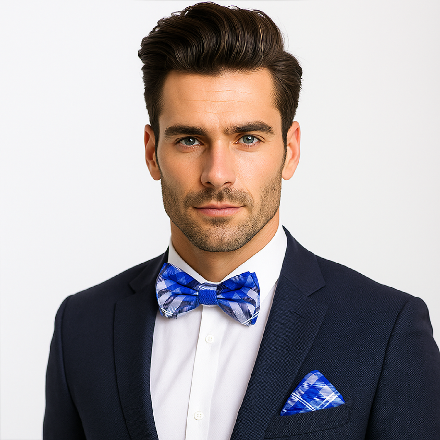 Man wearing a navy suit with a blue and white checkered bow tie and pocket square on a light gray background