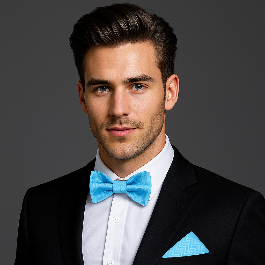 Man wearing a black suit with a electric blue bow tie and pocket square on a gray background