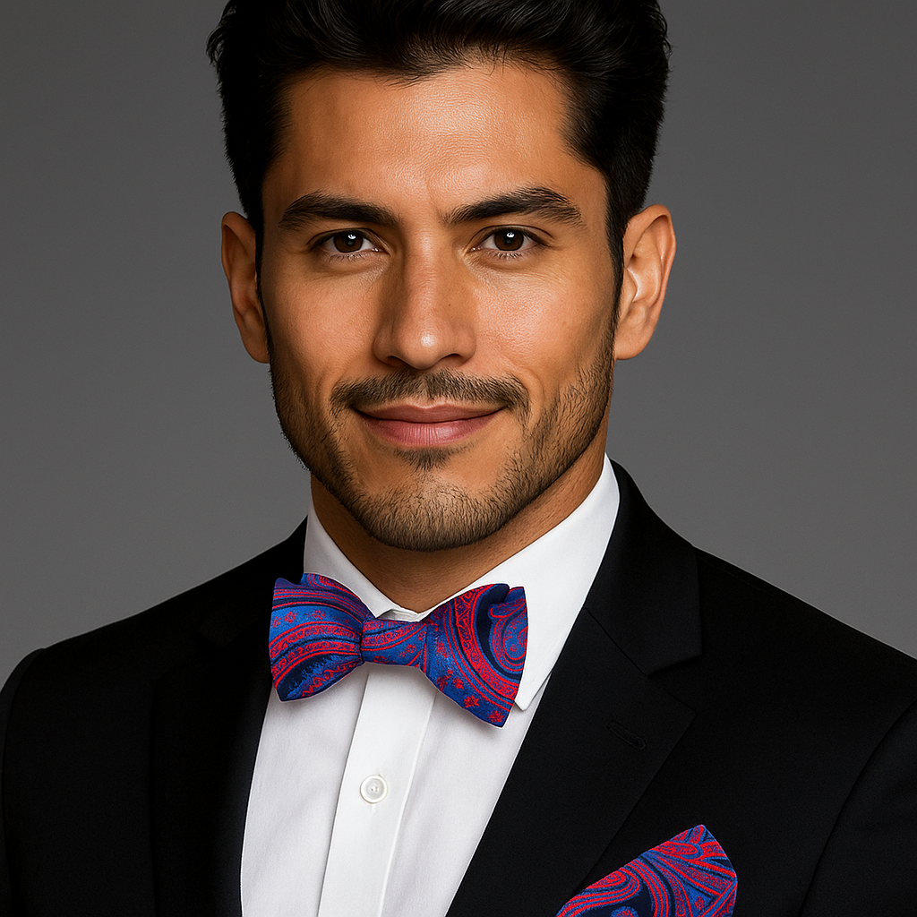 Man wearing a black suit with a colorful red and blue paisley bow tie and pocket square on a gray background