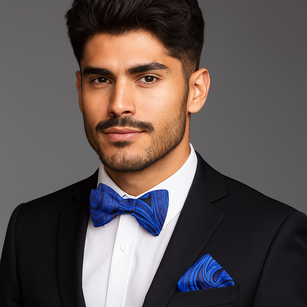Man wearing a black suit with a blue and black paisley bow tie and pocket square on a gray background