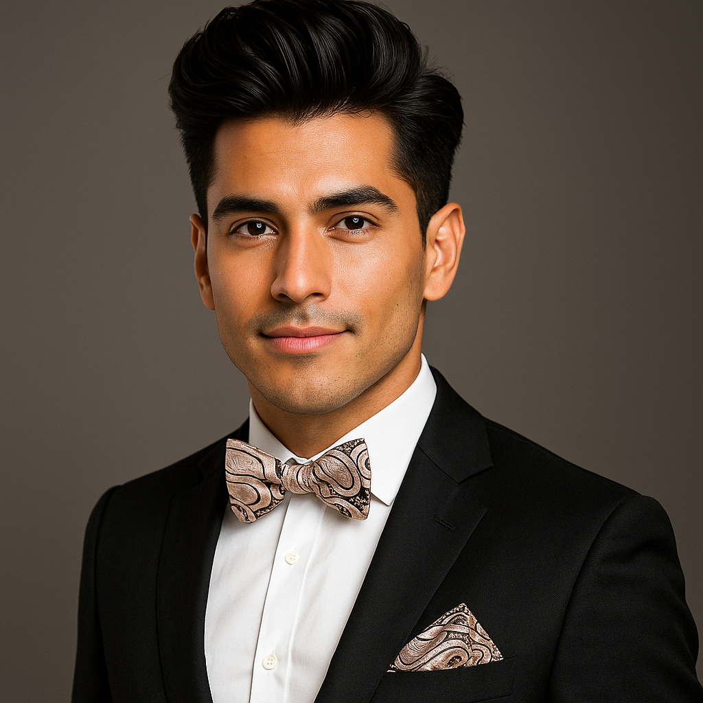 Man wearing a black suit with a rose gold and brown paisley patterned bow tie and pocket square on a brown background