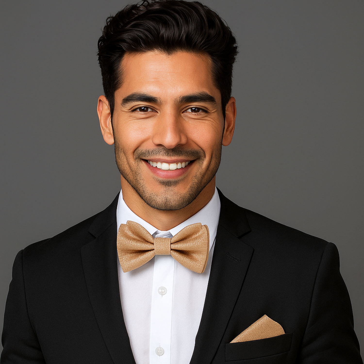 Man wearing a black suit with a beige bow tie and pocket square on a gray background
