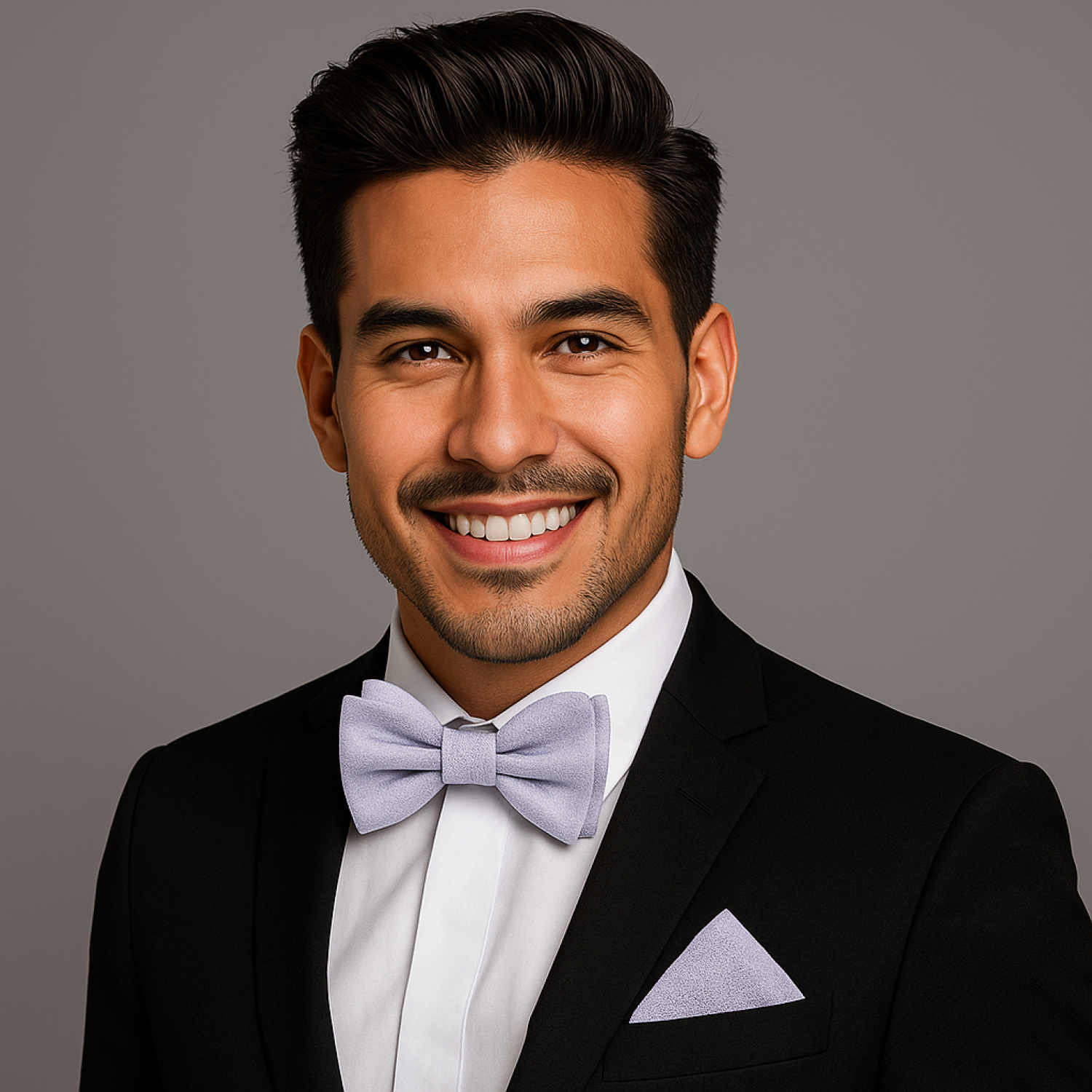 Man wearing a black suit with a white shirt and grey bow tie on a gray background
