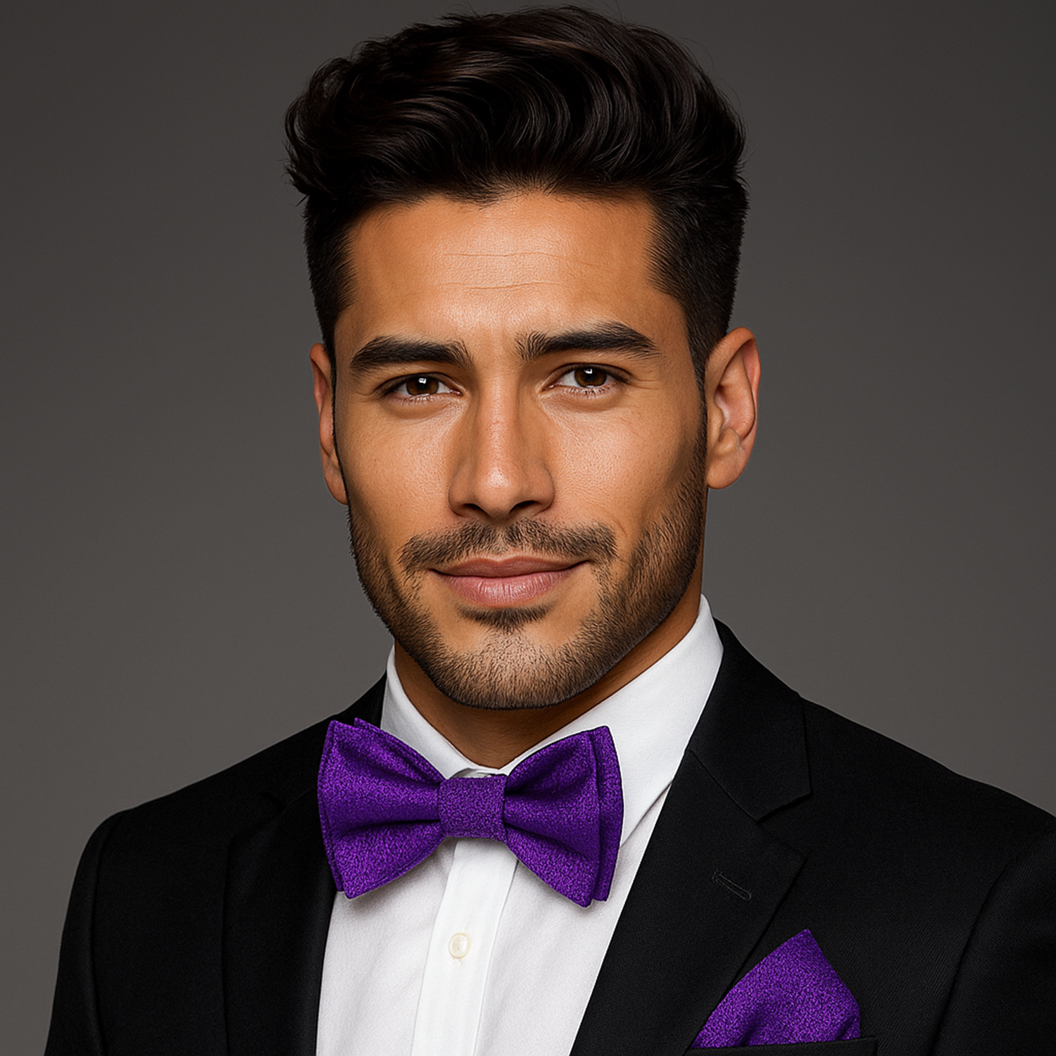 Man wearing a black suit with a purple bow tie against a gray background