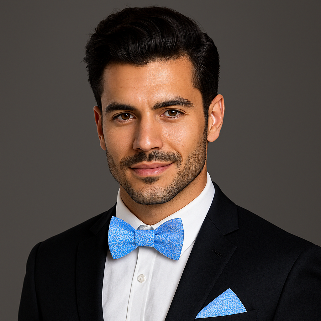 Man wearing a black suit with a blue bow tie and pocket square on a gray background
