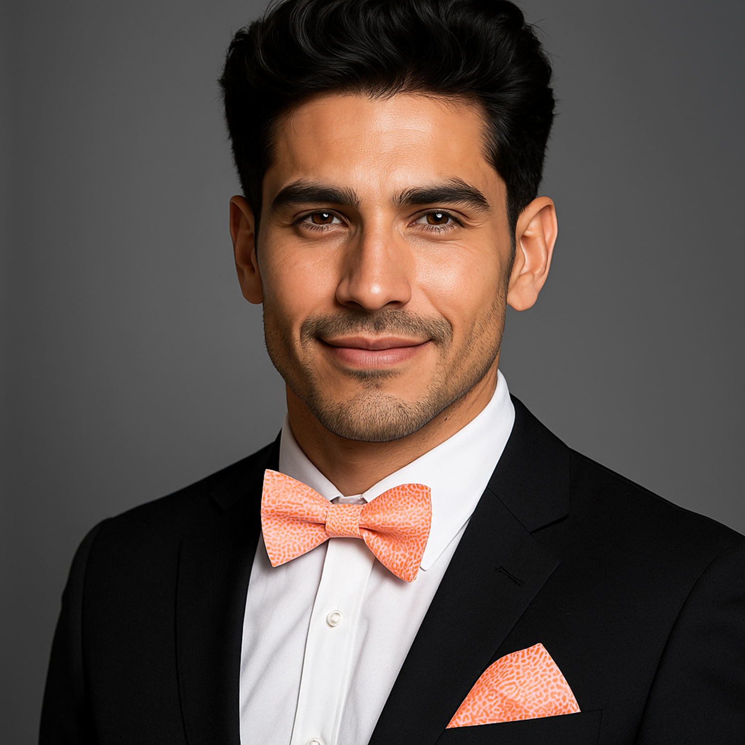 Man wearing a black suit with a coral bow tie and pocket square on a gray background